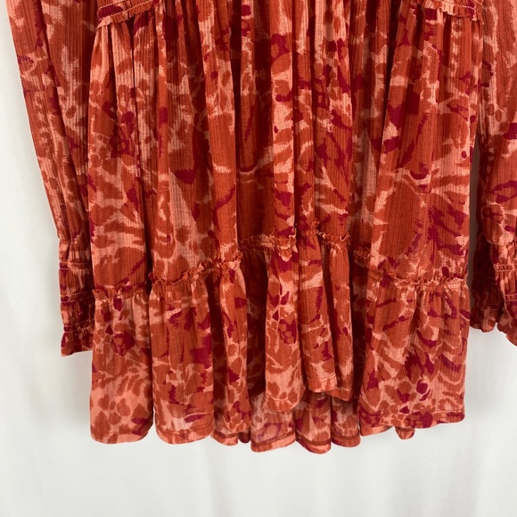 Free People Tunic Top Blouse Top Size Small Orange Print V-Neck Long Sleeves - Picture 3 of 7